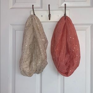 2 scarves (white and coral) with gold poka dots!!!